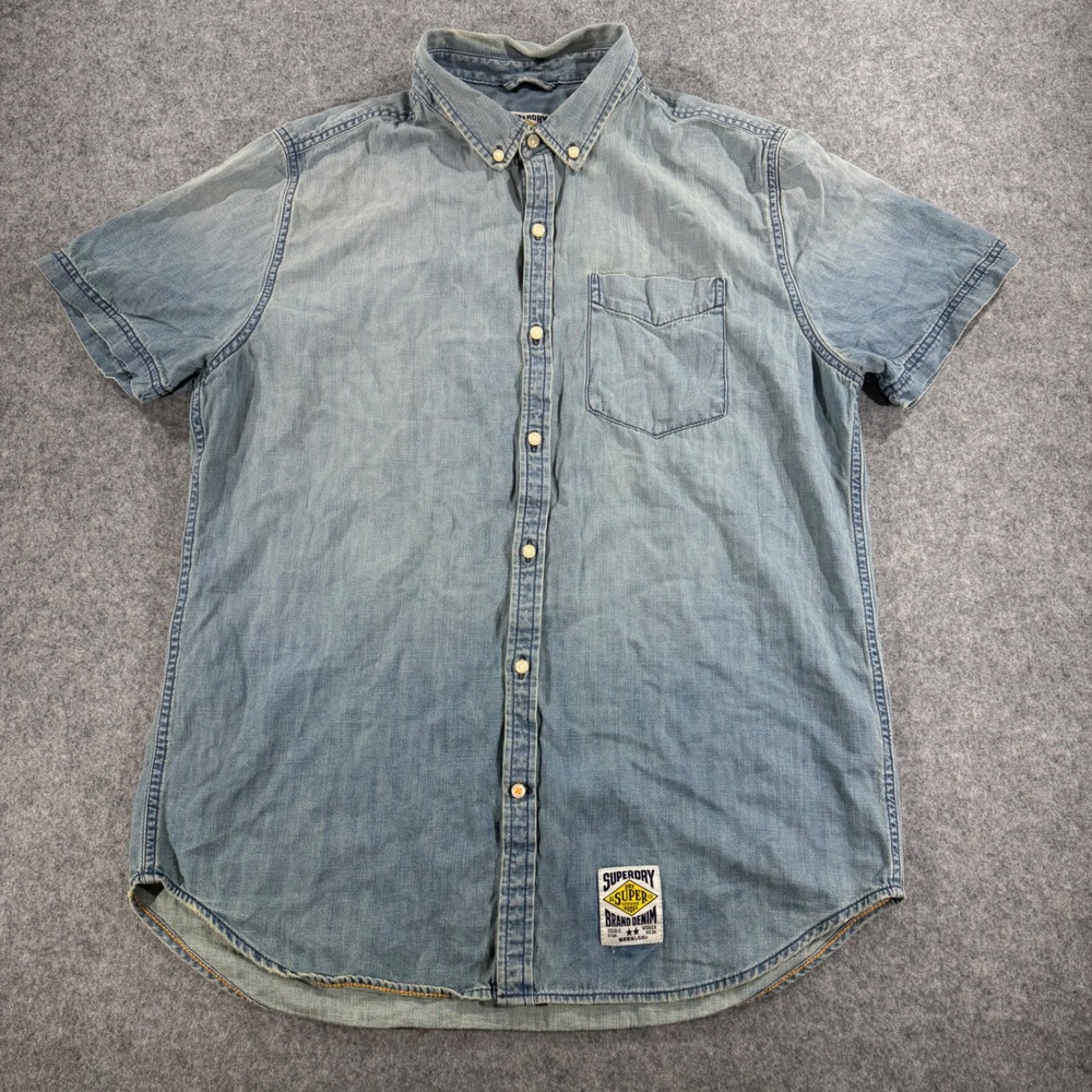 Superdry Brand Denim Mens XXL Light Wash Short Sleeve Button Down Shirt Blue